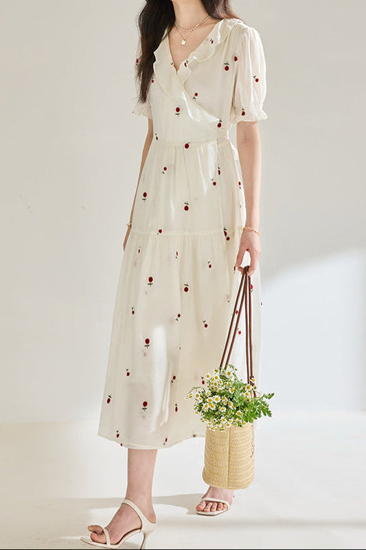3D Embroidered V-neck Ruffled maxi Dress - white