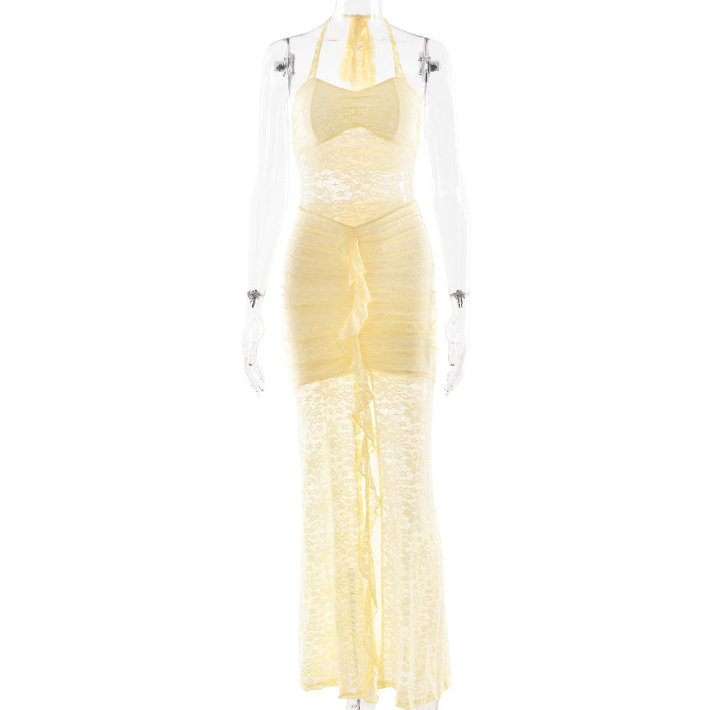 yellow halterneck lace sleeveless backless dress