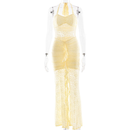 yellow halterneck lace sleeveless backless dress