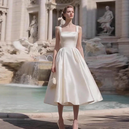 Sharon White Square Neck Satin Midi Wedding Dress