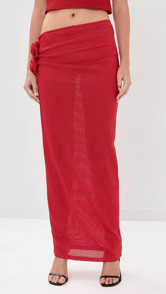 Red Knit Sheer Flower Skirt