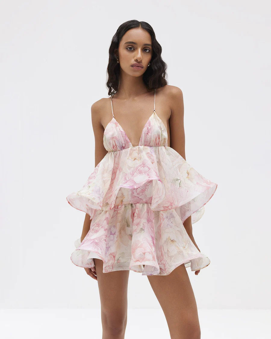 Pleated voluminous V-neck backless camisole mini dress