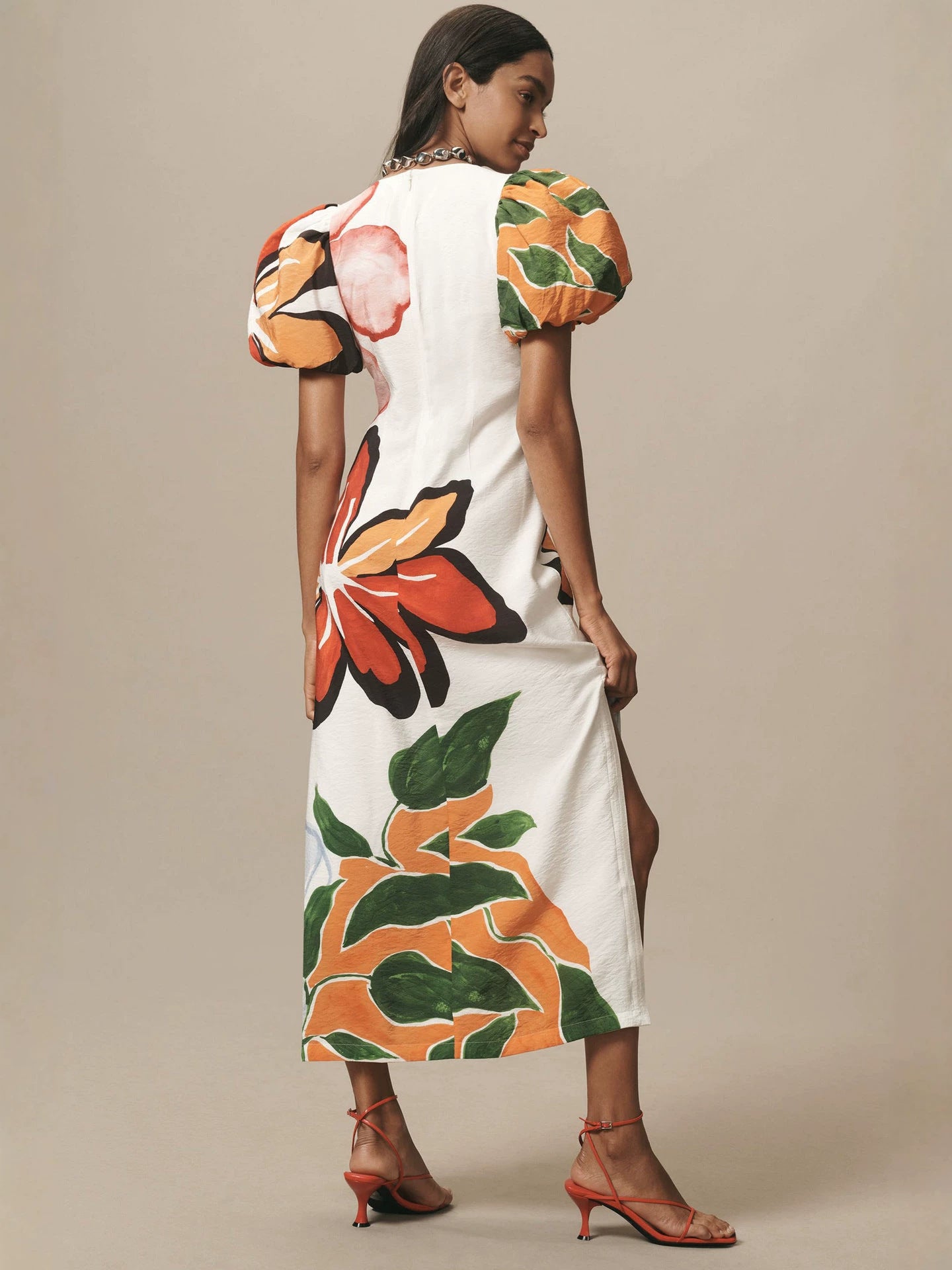 Printed puff sleeve V-neck side slit maxi dress