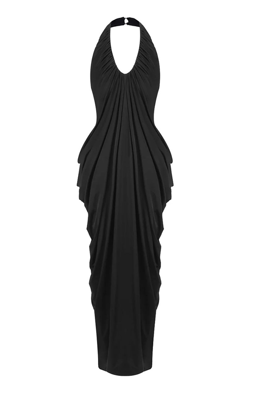 black halterneck V-neck backless pleated dress