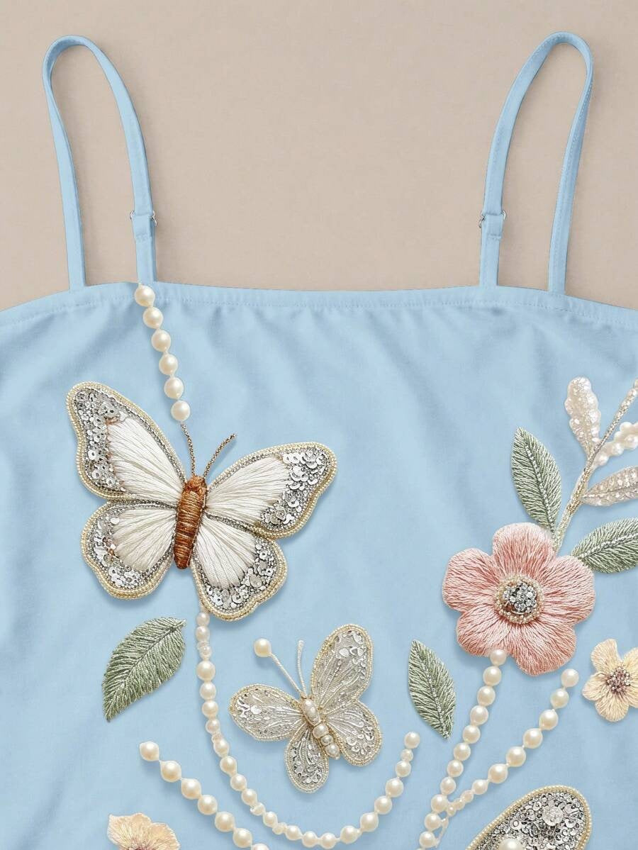 Butterfly floral print embroidered camisole mini dress