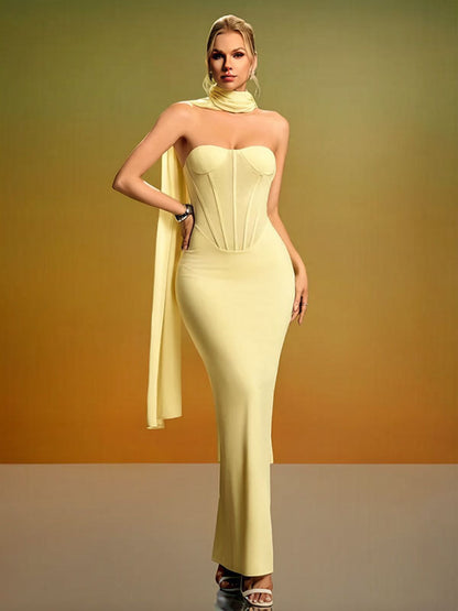 yellow strapless backless  fishbone dress