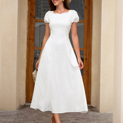 white short-sleeved open back strap slim A-line dress