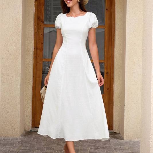 white short-sleeved open back strap slim A-line dress