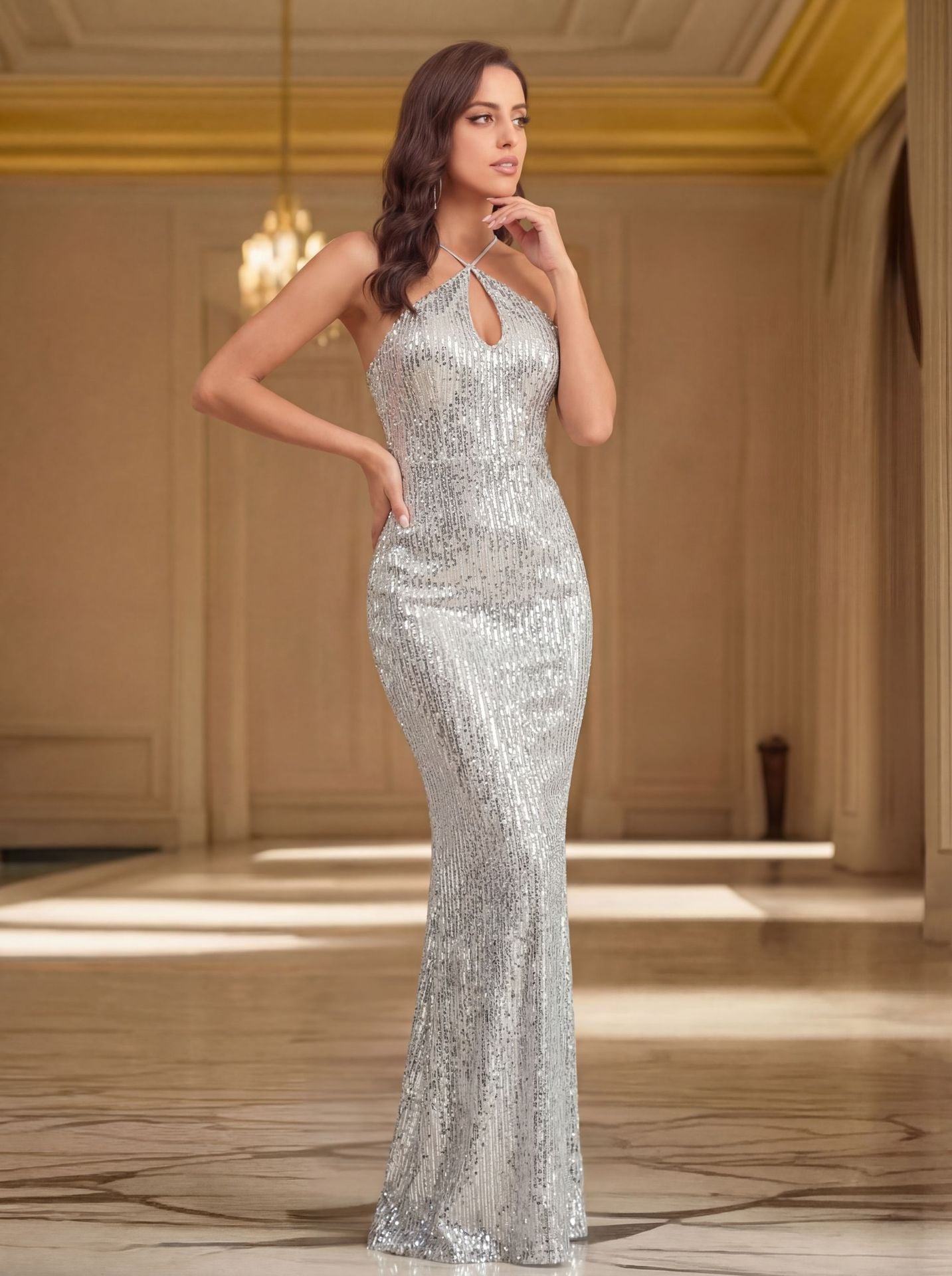 silver sequins halterneck open back dress