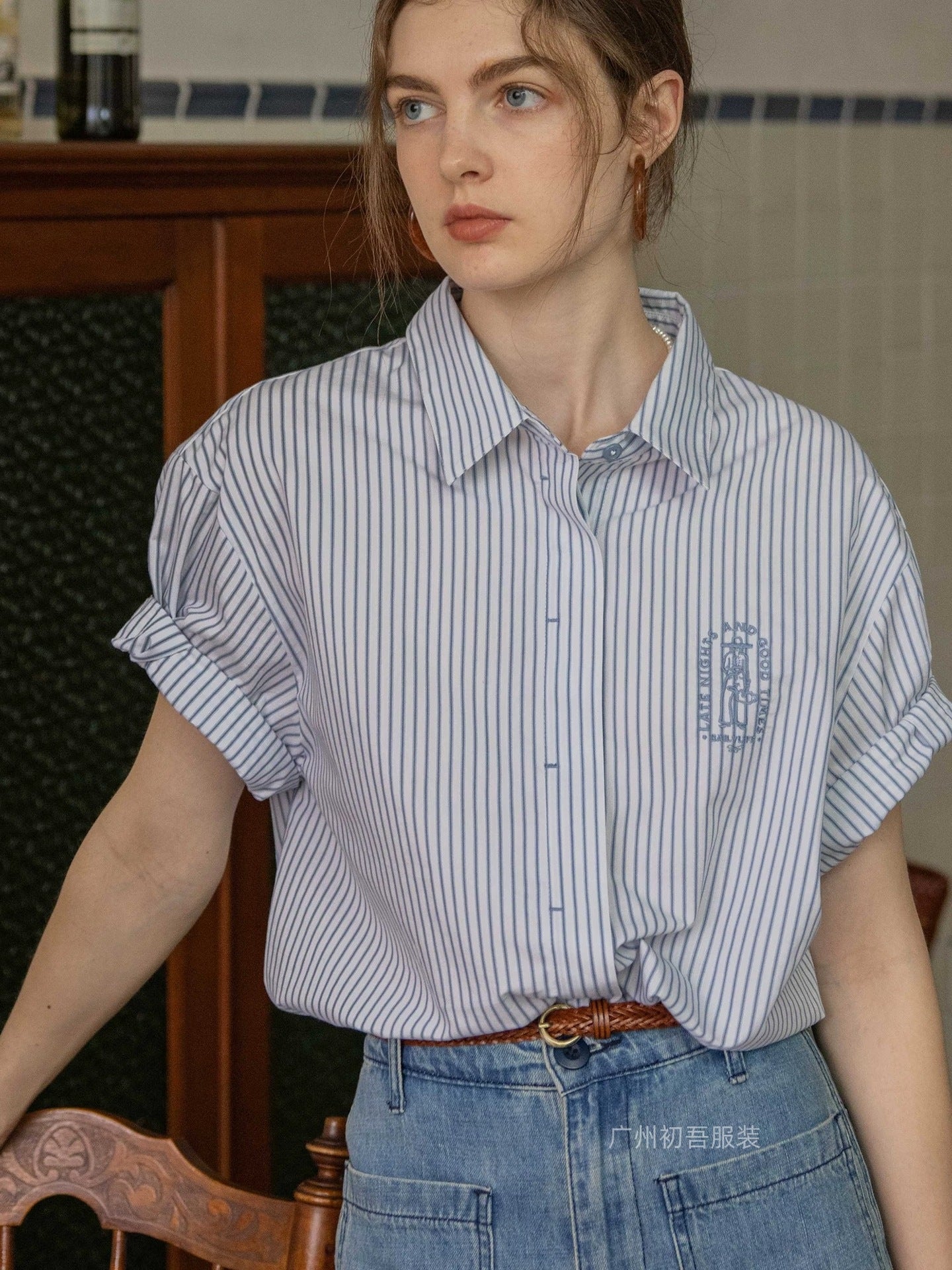 blue embroidery casual versatile short sleeve striped shirt