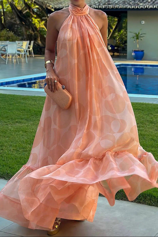 Backless halter neck sleeveless full skirt ruffle dress