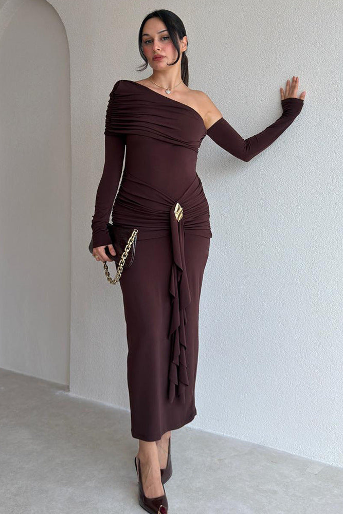 Asymmetric One-Shoulder Burgundy Midi Dress Premium Fabric - product view 1