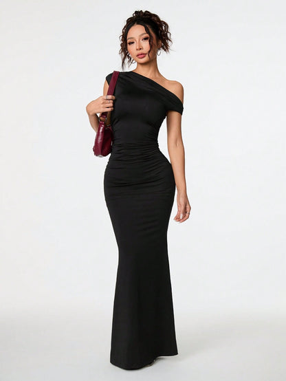 Black off-shoulder asymmetrical maxi dress