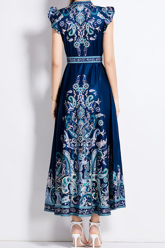 Printed V-neck lantern sleeve single-breasted dress