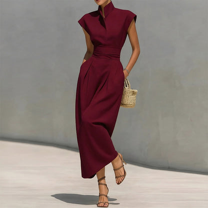 red sleeveless waist maxi dress