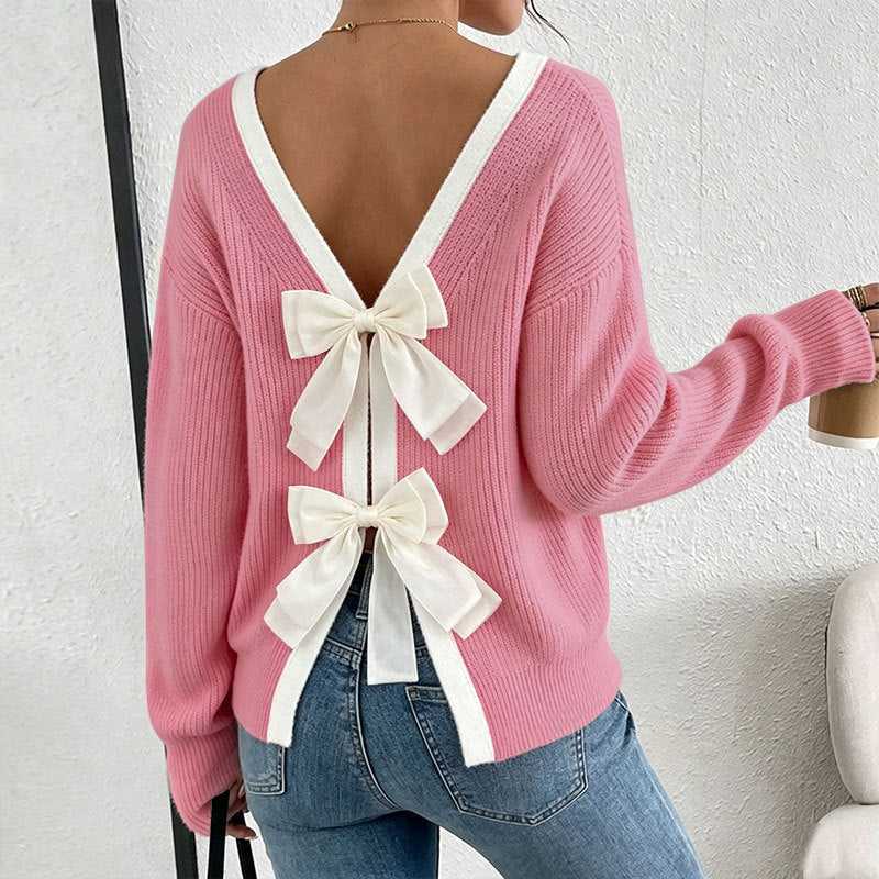 Pink Ribbed Knit Cardigan with Bow Detail - Premium Fabric Premium Fabric - product view 2