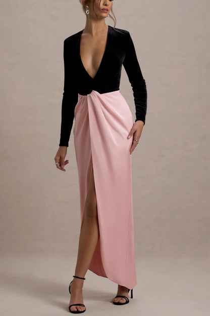 Long-Sleeve High-Waisted V-Neck Dress