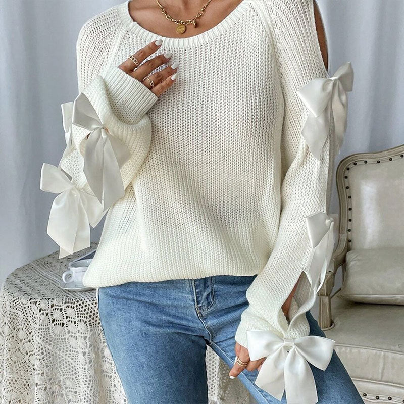 Cream Knit Cold Shoulder Sweater with Ribbon Bow Detail Premium Fabric - product view 2