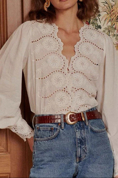 French floral embroidered openwork wavy collar shirt