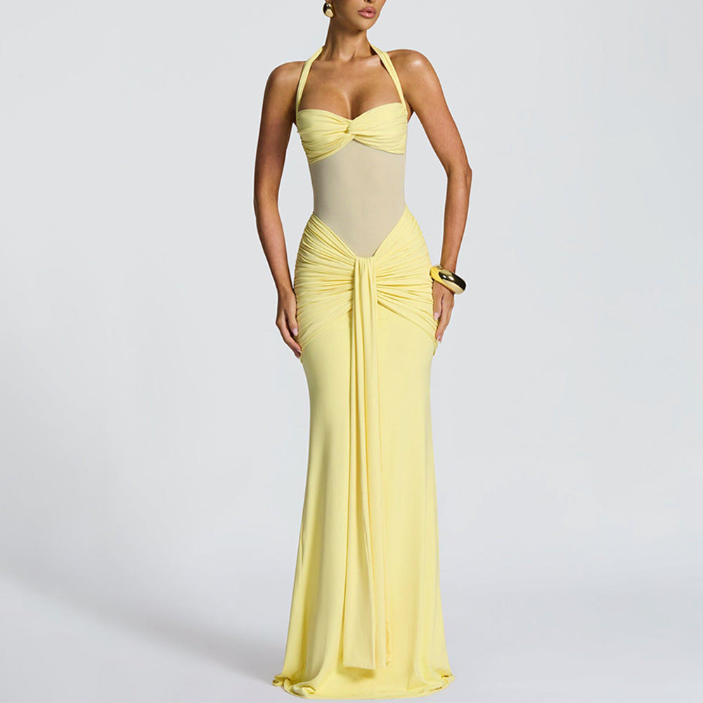 yellow backpack pleated hip dress