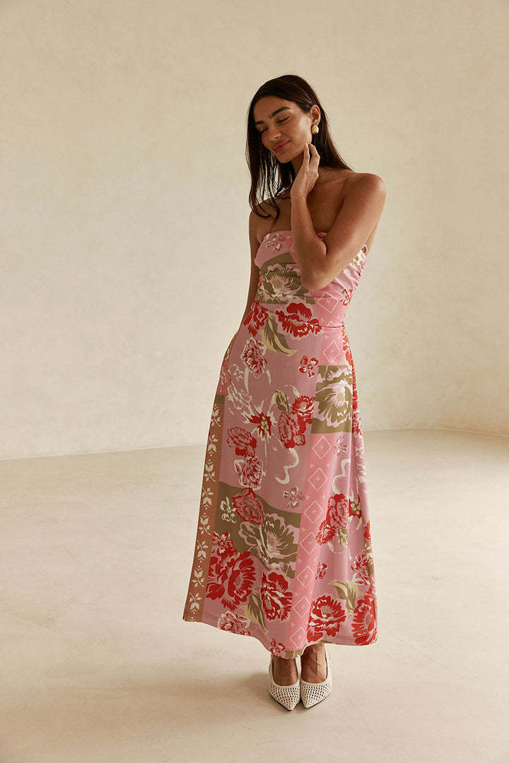 off shoulder floral print linen midi dress