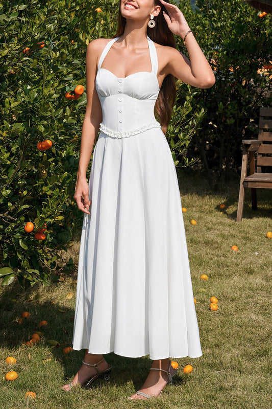 white Backless Halter-neck Tie-Up maxi Dress