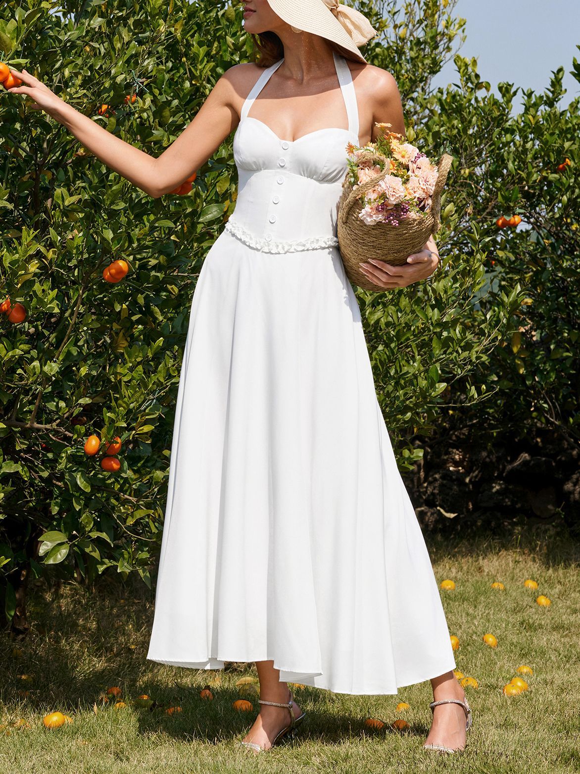 white Backless Halter-neck Tie-Up maxi Dress