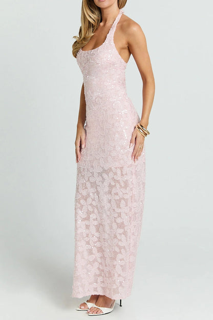 pink sequin strap sleeveless banquet dress