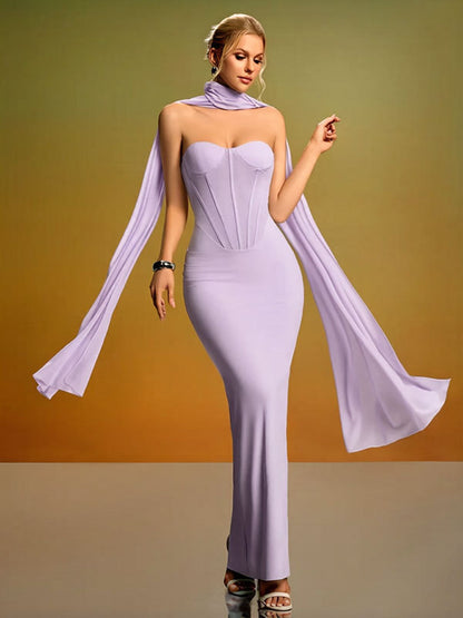 purple strapless backless  fishbone dress