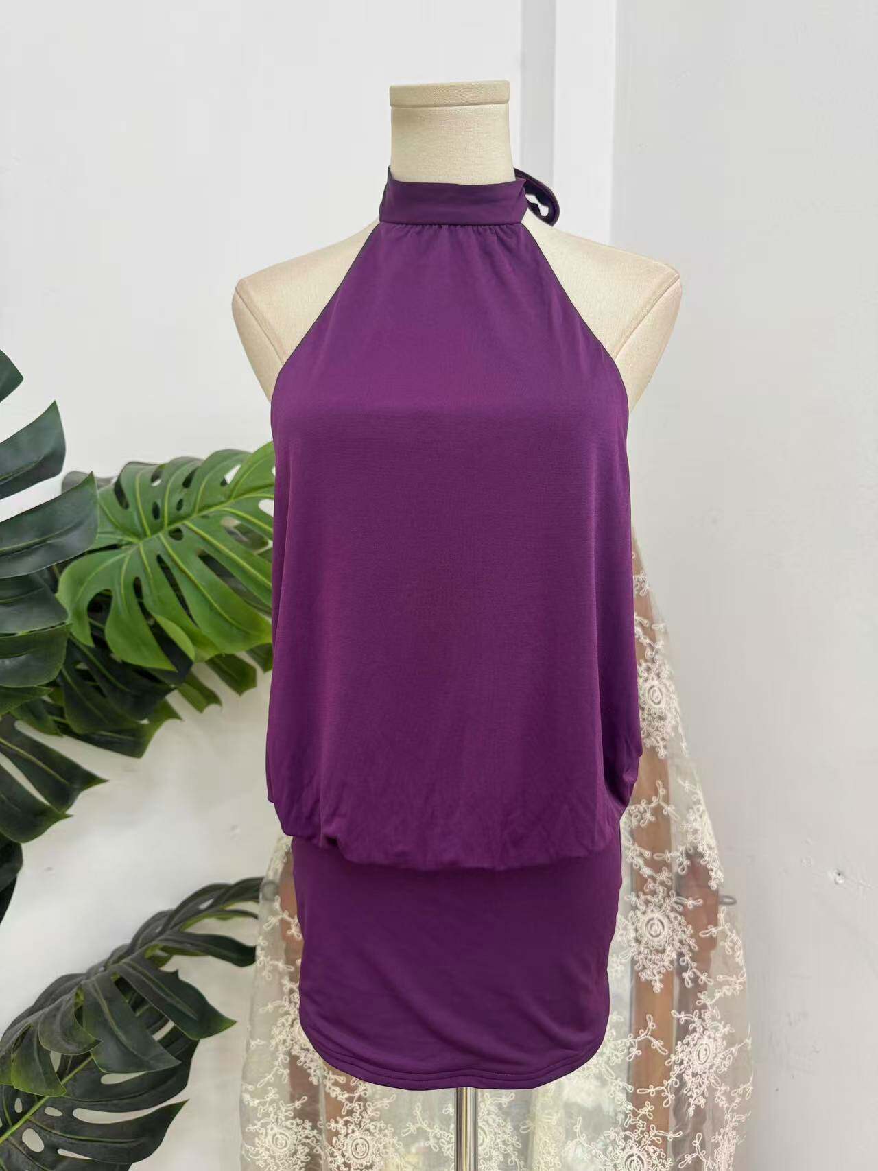 Tie Halter Open Back Blouson Mini Dress