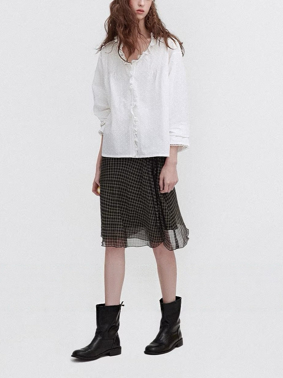 Ruffled lace trim deep V-neck shirt