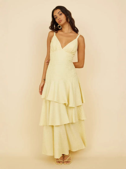 yellow suspender V-neck maxi dress