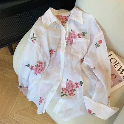 French-style floral print polo collar linen shirt