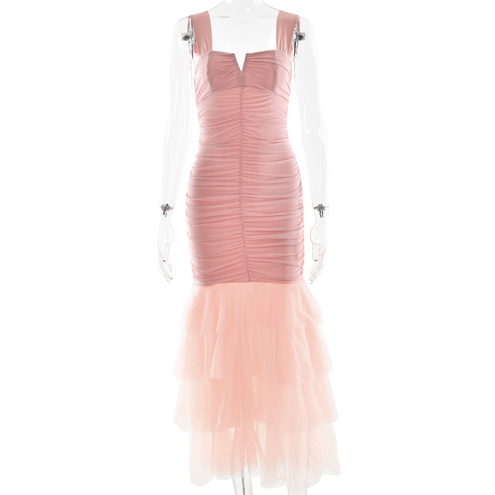 pink spliced slip dress