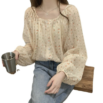 Thin chiffon floral long-sleeved shirt