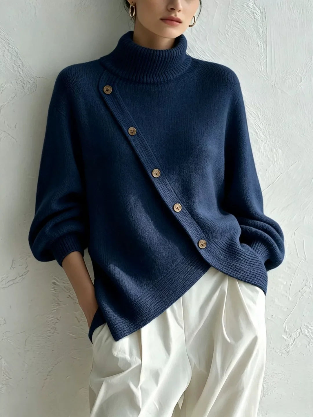 New High-neck Button-detail Sweater