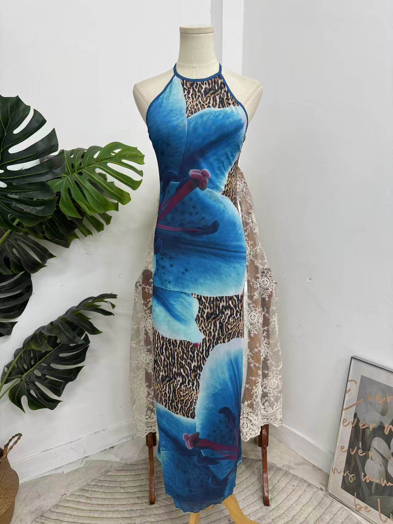 Blue Leopard Print Slingback Slingback Slip Dress