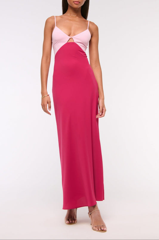 pink open back suspender color-blocking dress
