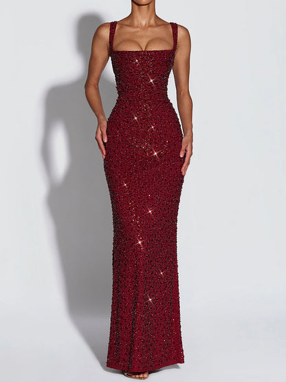 red sequin suspender evening dress