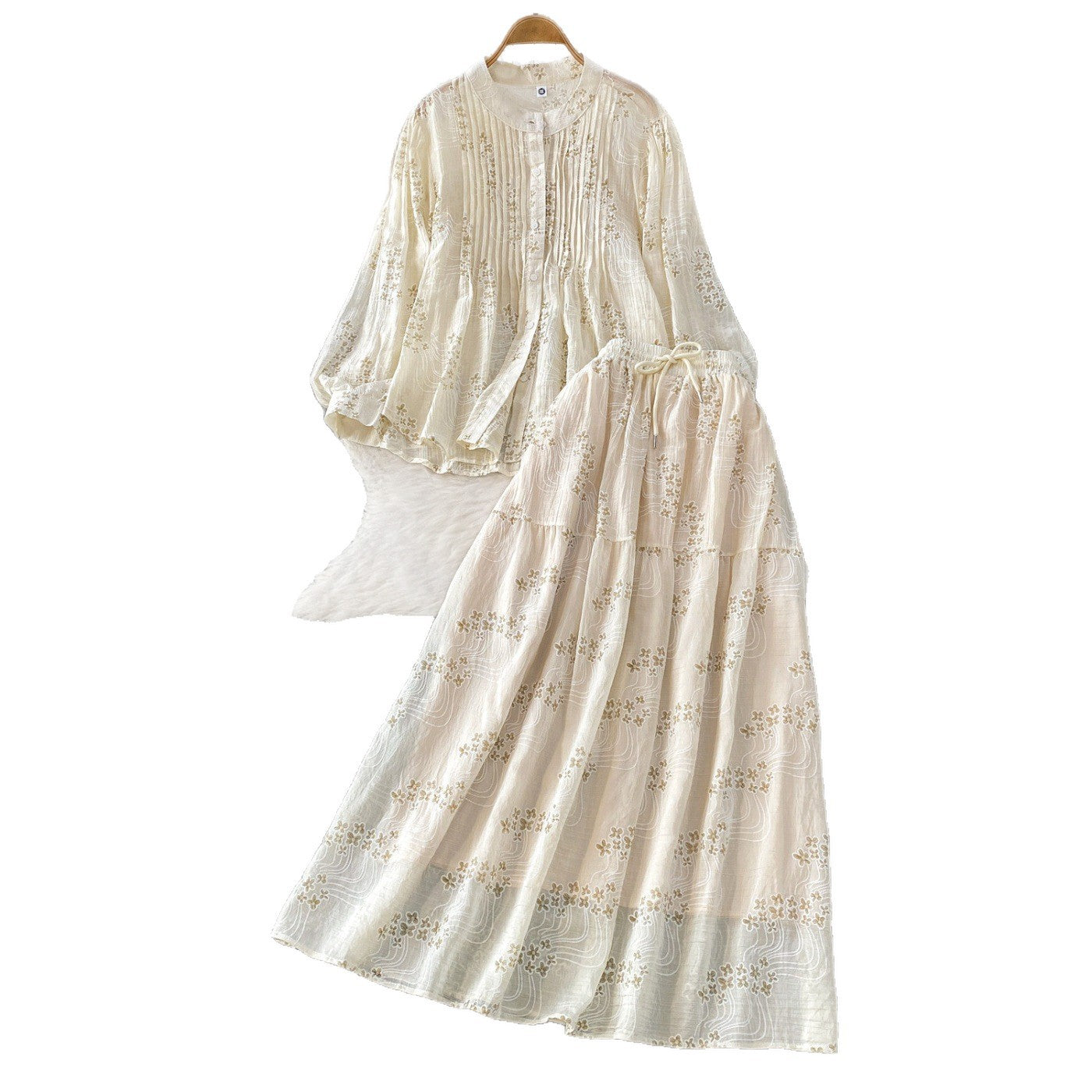 Summer Embroidered Floral Round Neck Pleated Long Sleeve Shirt Two-Piece Set