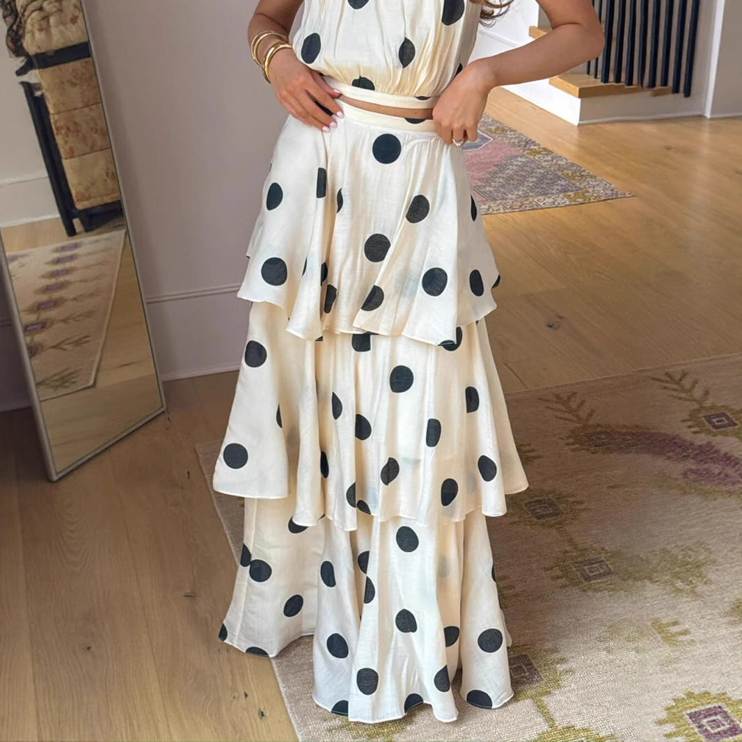 polka dot print halterneck sleeveless top skirt set