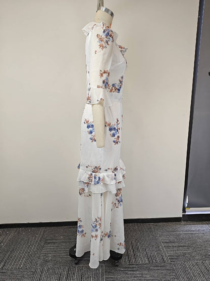 V-neck Vintage-print puff-sleeve slit maxi dress