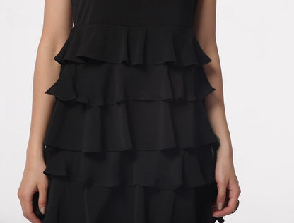 black knitted chiffon sleeveless vest A-line mini dress