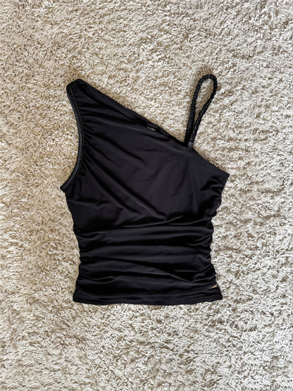 black mesh pleated short satin camisole top