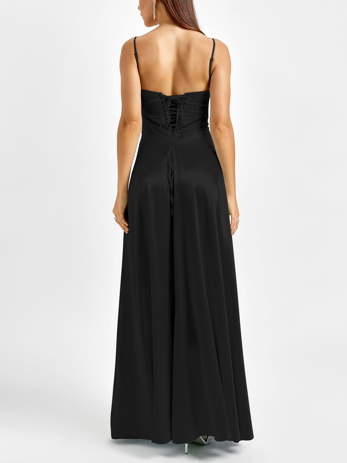 black matte satin backless slip dress