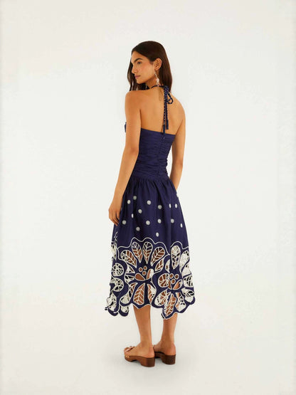 Printed halter-neck hollow midi dress - navy blue