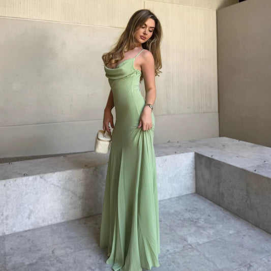 green chiffon slip swing collar dress