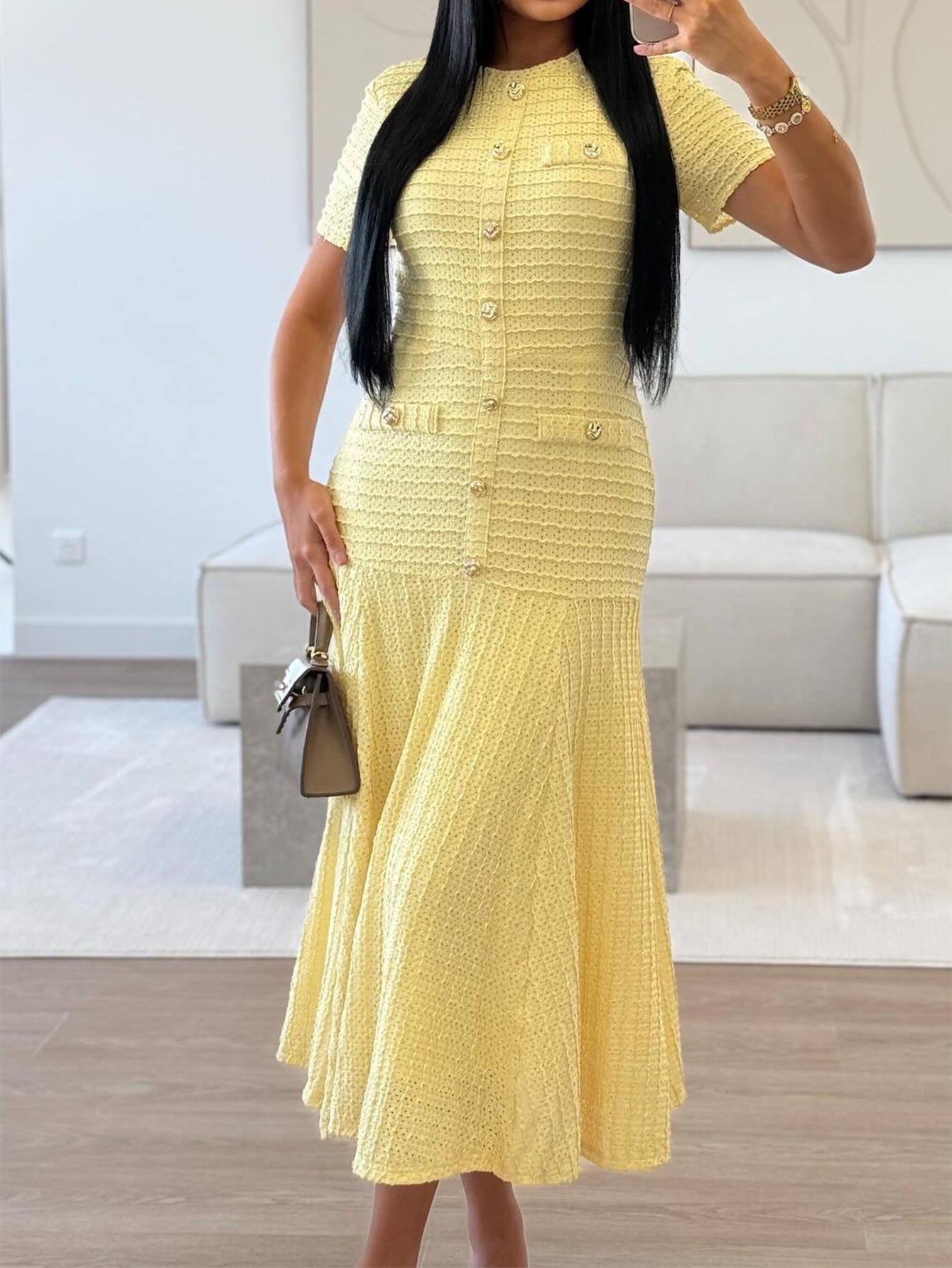 yellow buttons short sleeves maxi dress