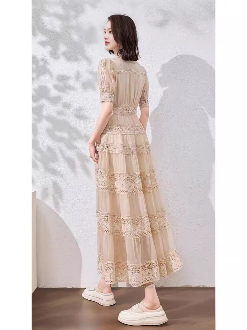 French-style lace-trimmed mesh maxi dress
