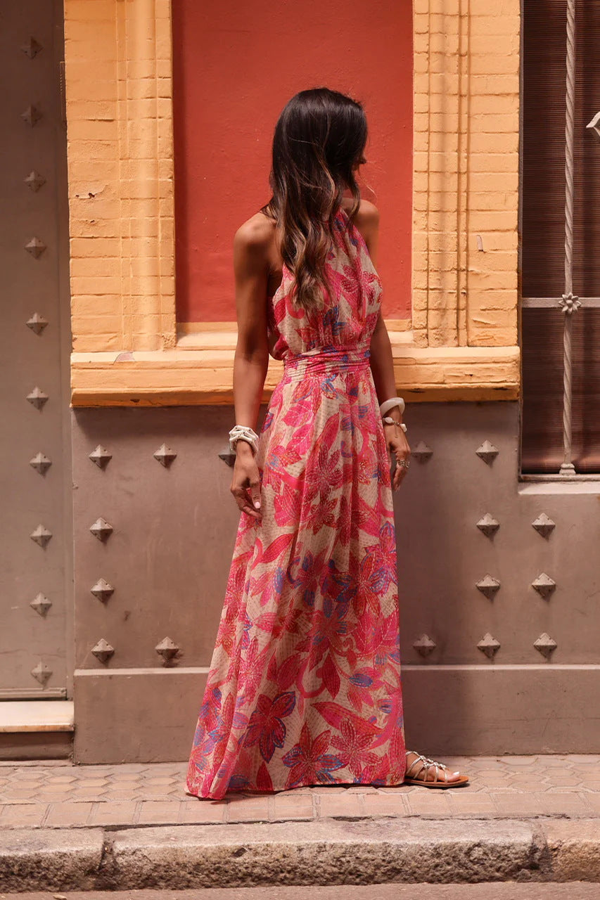Printed Wrap-Style halter Ruched Maxi Dress - Red